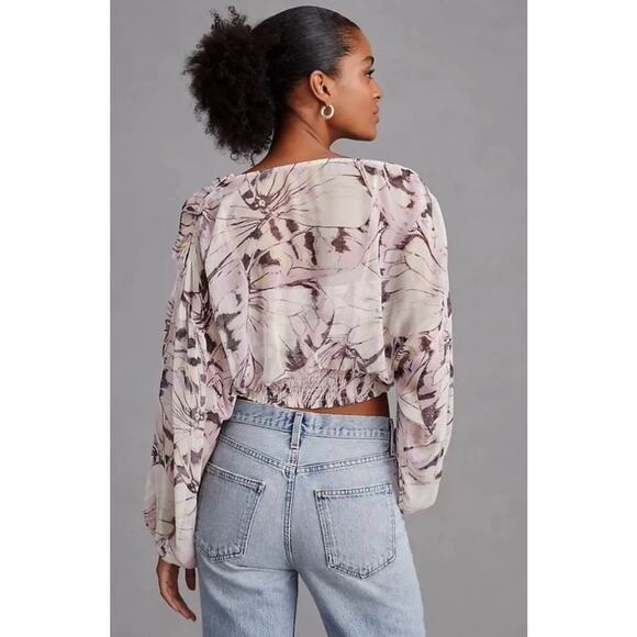 BY ANTHROPOLOGIE Sheer Peasant Top Light Purple Motif Sz Small $98 MSRP Romantic - Picture 8 of 14
